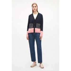 COS Cardigan Sweater Women M Navy Blue Colorblock Wool V Neck Pockets Mod Preppy